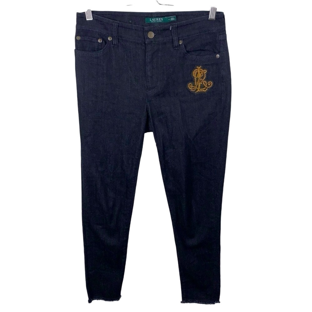 Ralph Lauren sz 4 Premier Skinny Cropped Dark Wash Denim Jeans Gold Braided Logo